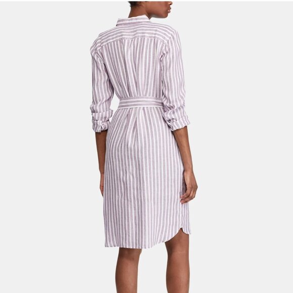 Lauren Ralph Lauren Linen Dress Lavender Striped Belted Pockets Women's Size M - Picture 2 of 8